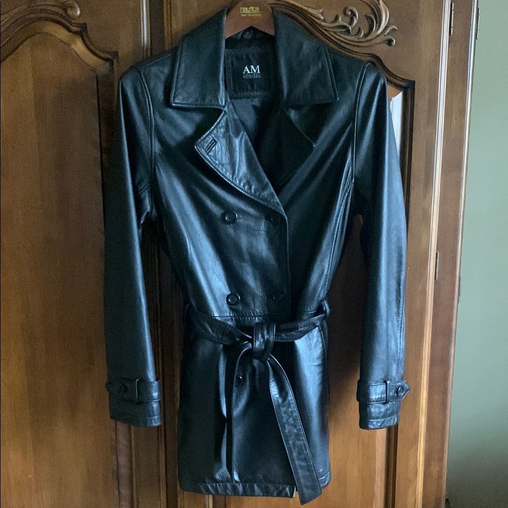 Andrew Marc AM.STUDIO Black leather Double-Breasted Trench Coat/ jacket